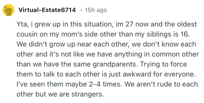 “Trying to force them to talk to each other is just awkward for everyone.”