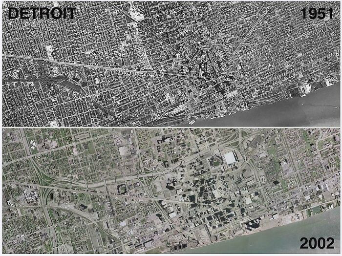 "Detroit Before And After The Construction Of Freeways And “Urban Renewal”