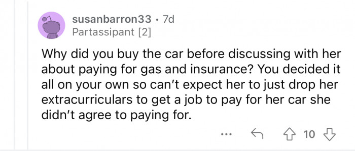 Op should have discussed paying for gas and insurance with her daughter beforehand.