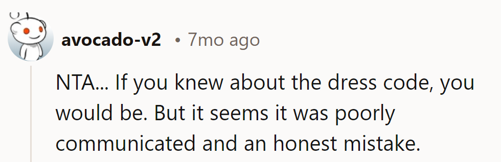 It's not a dress code, it's a game of 'guess the rule.' She missed the memo, not the mark.