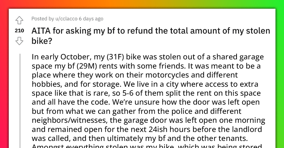 Redditor's $2,500 Bike Got Stolen After Her BF Borrowed It And She Asked Him To Refund The Total Amount