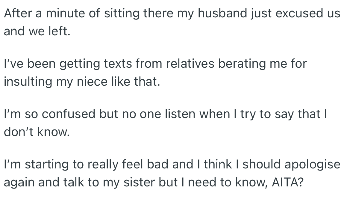 After a few minutes, OP and her husband took their leave. But ever since, her relatives have been criticizing her via text