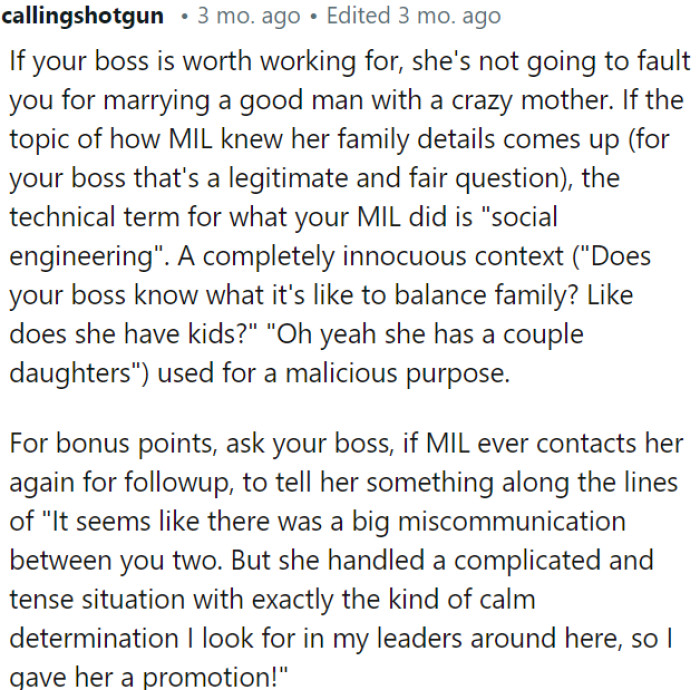 If OP's boss is decent, she won't blame OP for marrying a great guy with a challenging mother.