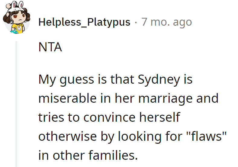 Sydney's family flaw-hunt? Perhaps a quirky way to redecorate her own marital chaos.