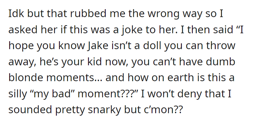 OP confronts sister, emphasizing Jake's importance and seriousness. OP then criticizes sister's response as flippant.