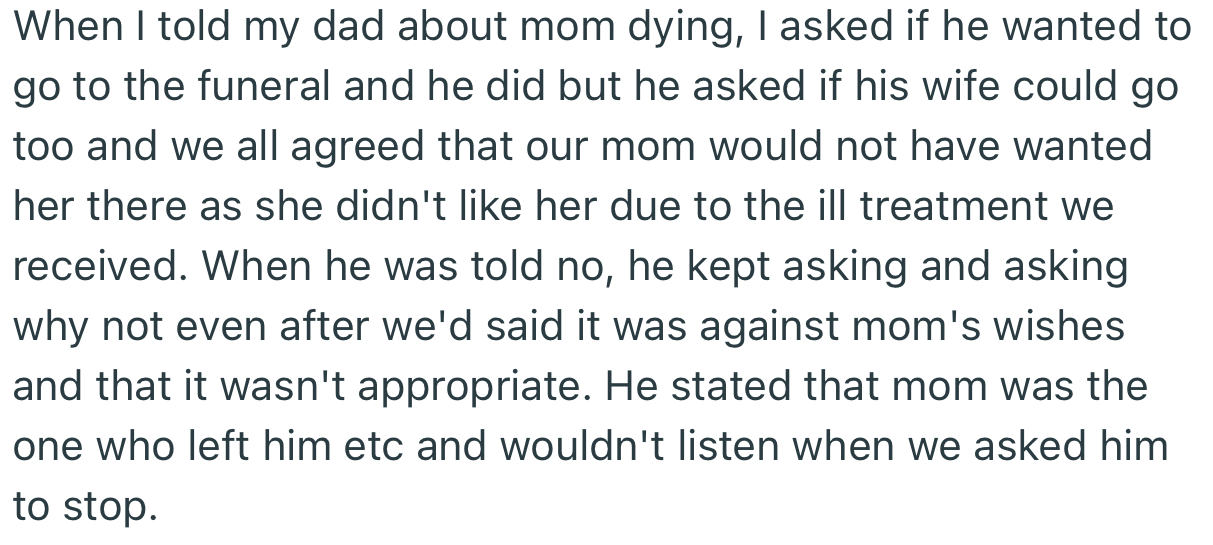 OP’s dad was invited to the funeral, but his wife was barred from attending