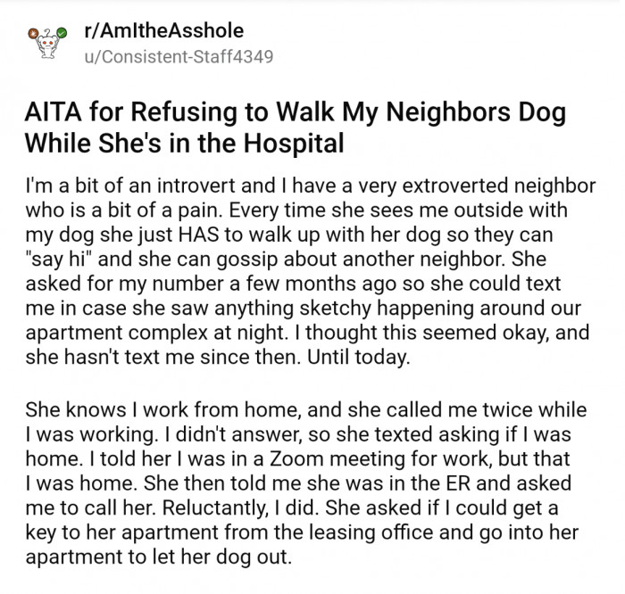 "AITA for Refusing to Walk My Neighbors Dog While She's in the Hospital"