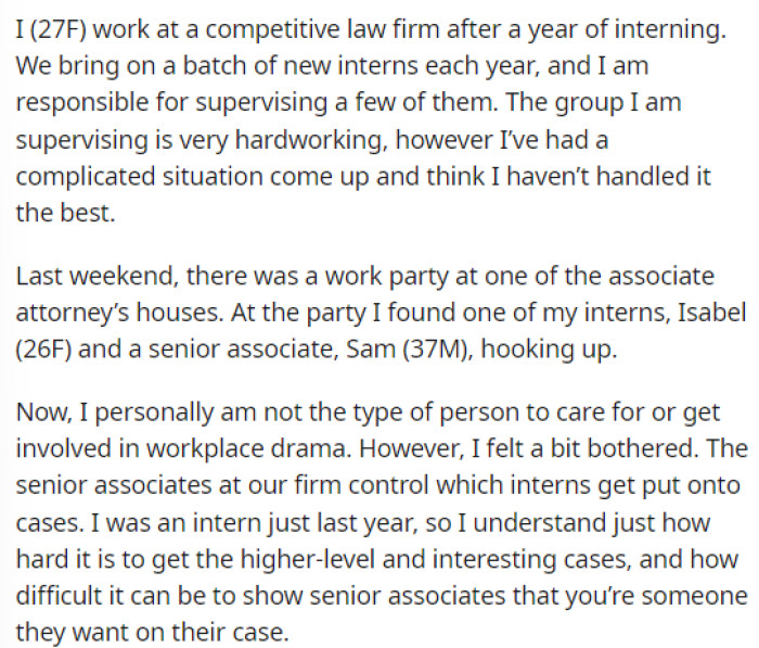 OP starts off her post explaining where she works and the dynamic between this intern and a senior associate.
