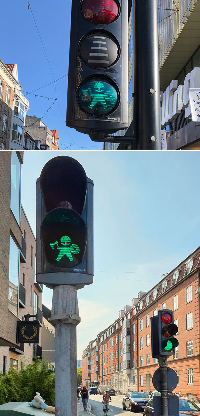12. In Denmark, you might find it amusing that some of the traffic lights are petite Viking figures.