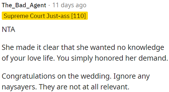 OP just respects her wish for privacy regarding his love life.