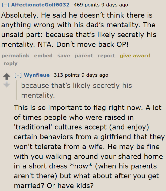 The boyfriend and his dad probably have the same mentality.