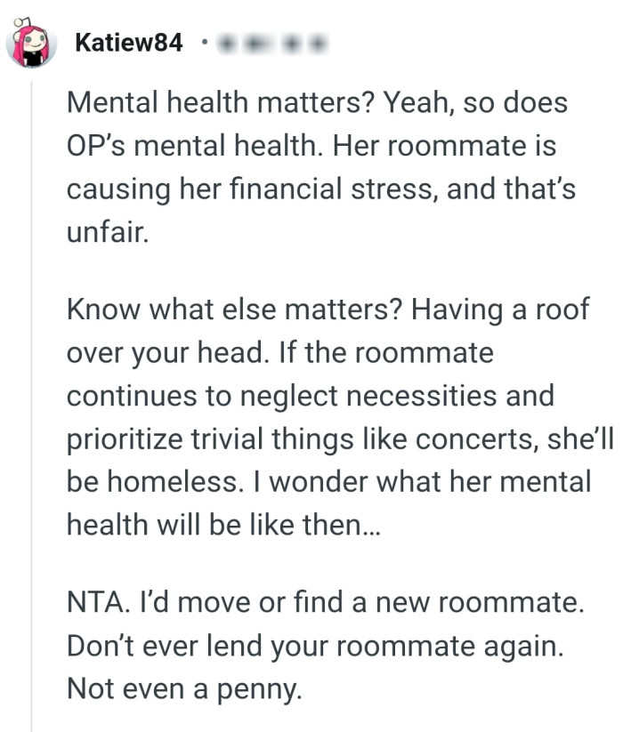OP's roommate is causing her financial stress