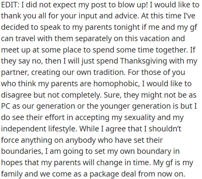 OP is planning to talk to his parents about traveling separately with his girlfriend; if they agree, great; if not, they'll create their own Thanksgiving tradition.