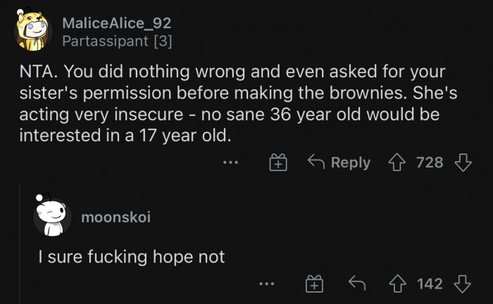 And a 17-year-old's brownie-making skills should not normally make a 35-year-old woman insecure.