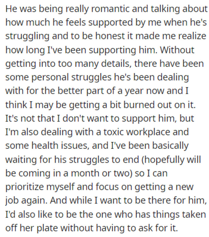 The boyfriend pointed out how he feels supported by OP