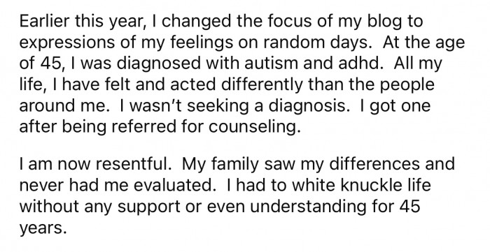 After getting diagnosed with autism and ADHD, OP changed the focus of her blog.