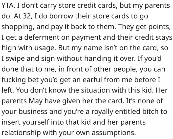 20. It's normal for people to borrow others' store credit cards to help them get points.