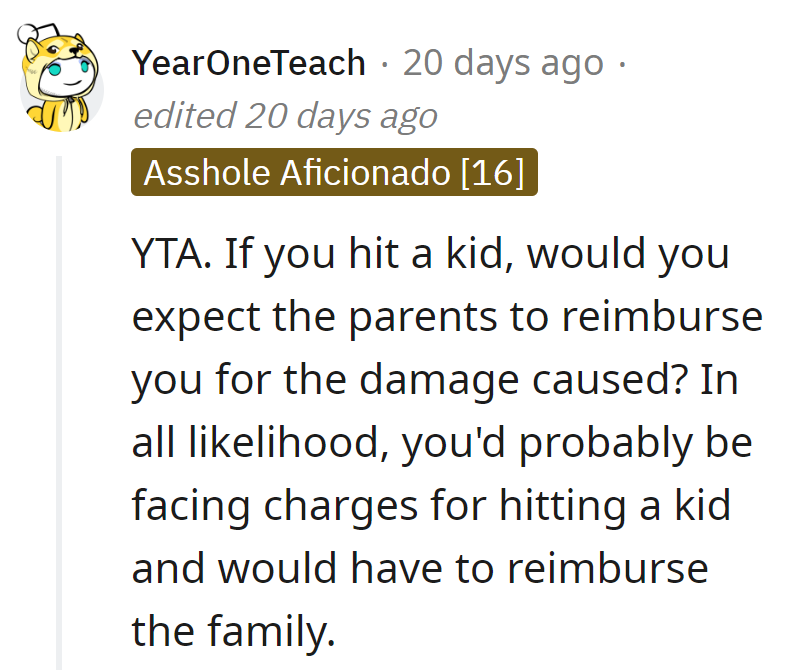 Hit a kid, expect charges, not reimbursement. Same logic applies, mate.