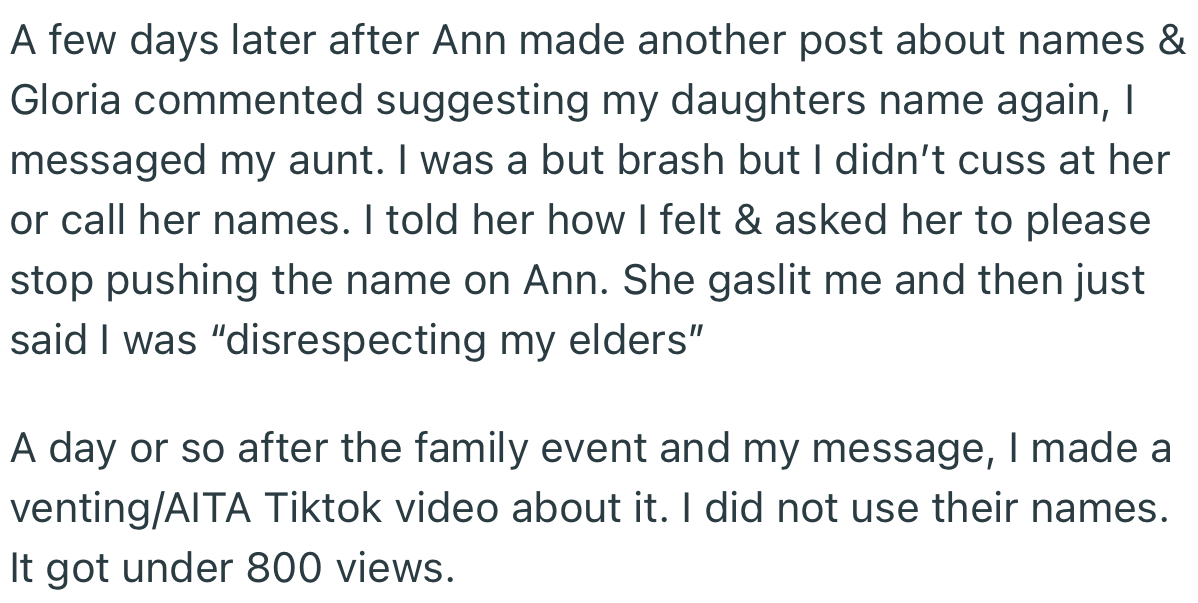 Subsequently, OP’s aunt kept insisting on using the deceased child’s name. This time, not only did OP scold her, but she took the matter to TikTok
