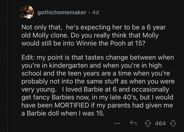 The dad wants to turn his daughter into a clone of Molly.