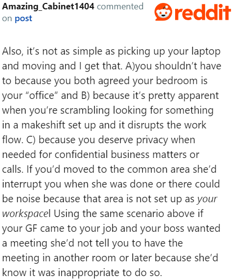 The girlfriend lacks the understanding of what WFH requires.