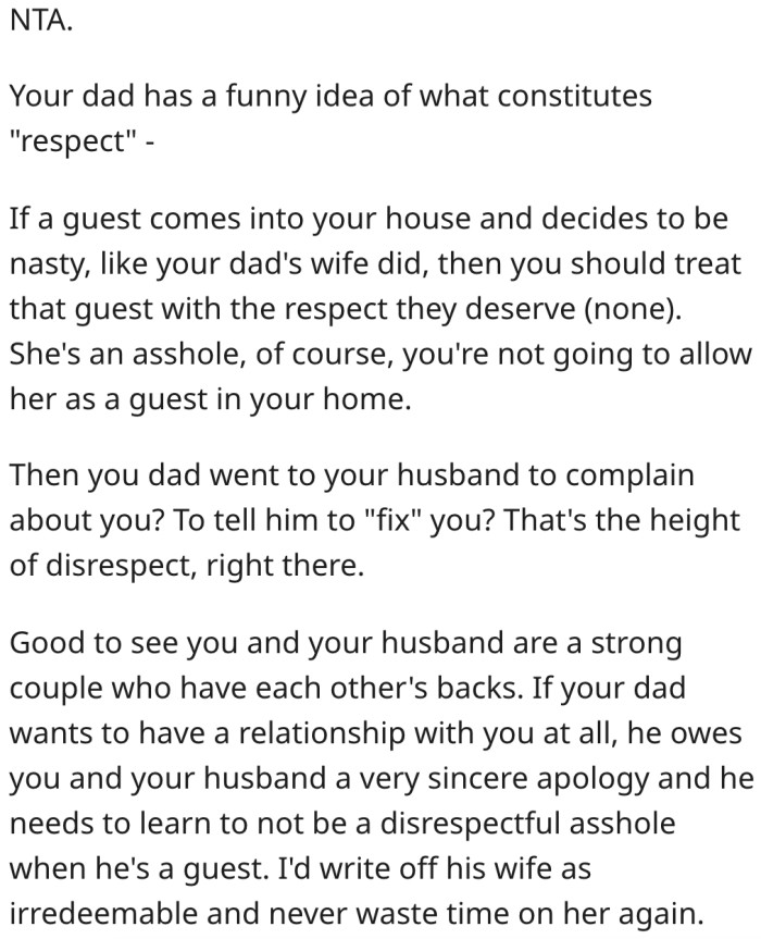 Her father owes her and her husband an apology.