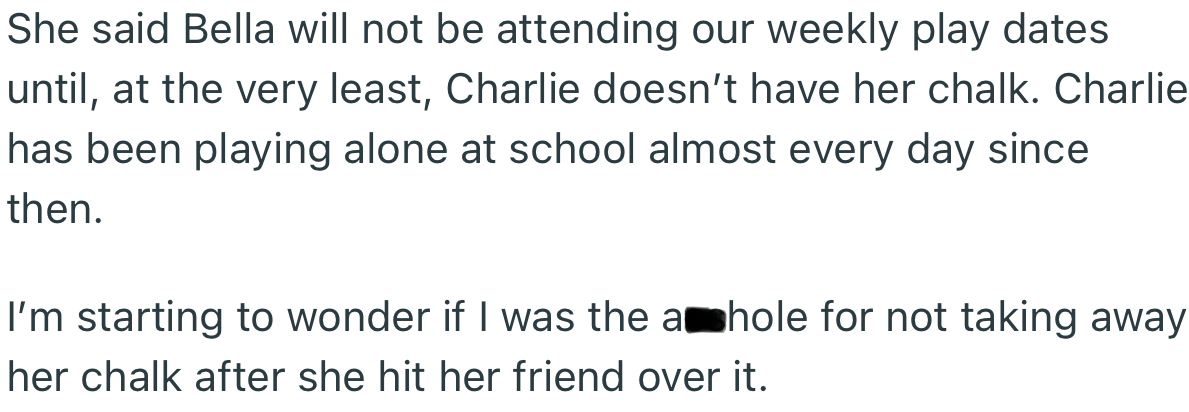 Bella’s mom decided to withdraw her daughter from their weekly playdates until OP punishes Charlie for what she did