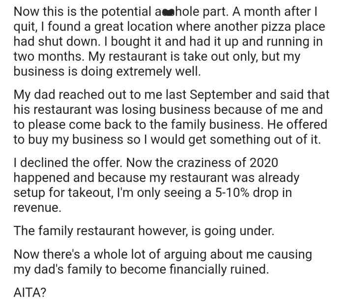 OP started their own pizza business, which seems to be attracting customers from their dad's own. This prompted their dad to beg them to return, but OP isn't willing to do that, even if it means their family business closes down.