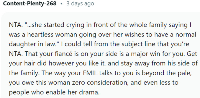 OP owes this woman zero consideration, and even less to people who enable her drama.