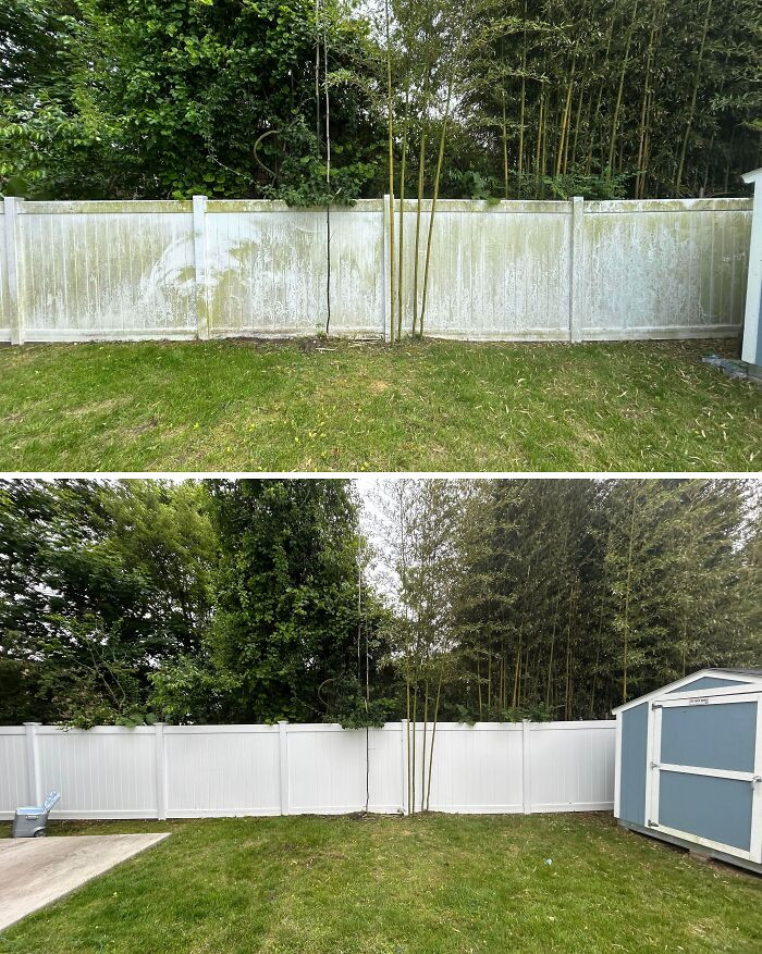 21. Vinyl Fence Cleaned. Before And After. Used Armor All Car Wash (Had A Leaking Bottle) And A Rectangular Broom
