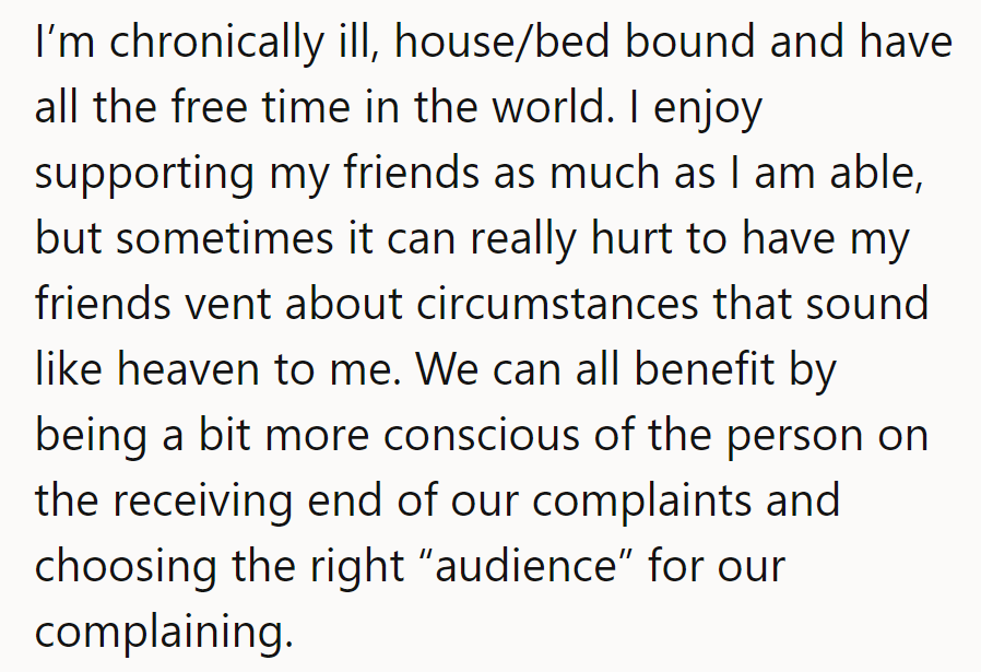 Complaining's all about picking the right audience. Let's vent with care and empathy!