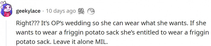 OP can wear whatever she wants at her wedding.