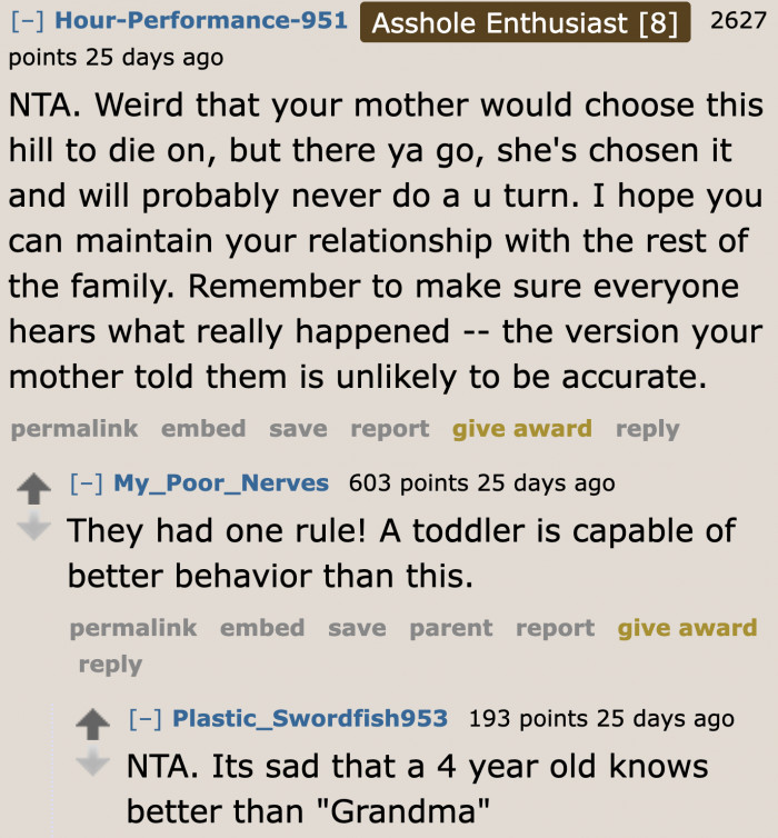 Some Redditors are praising the toddler for being a better person than her grandma.