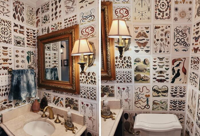 "Thought I’d Share My Tiny Bathroom Wallpaper. Seven Years Ago I Cut Pages Out Of A Book And Used Mod Podge To Make This Wallpaper. I Love It So Much!"