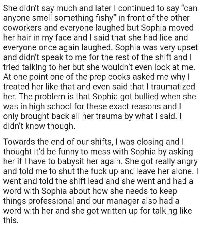 The problem is that OP's coworker was bullied in high school for these exact reasons