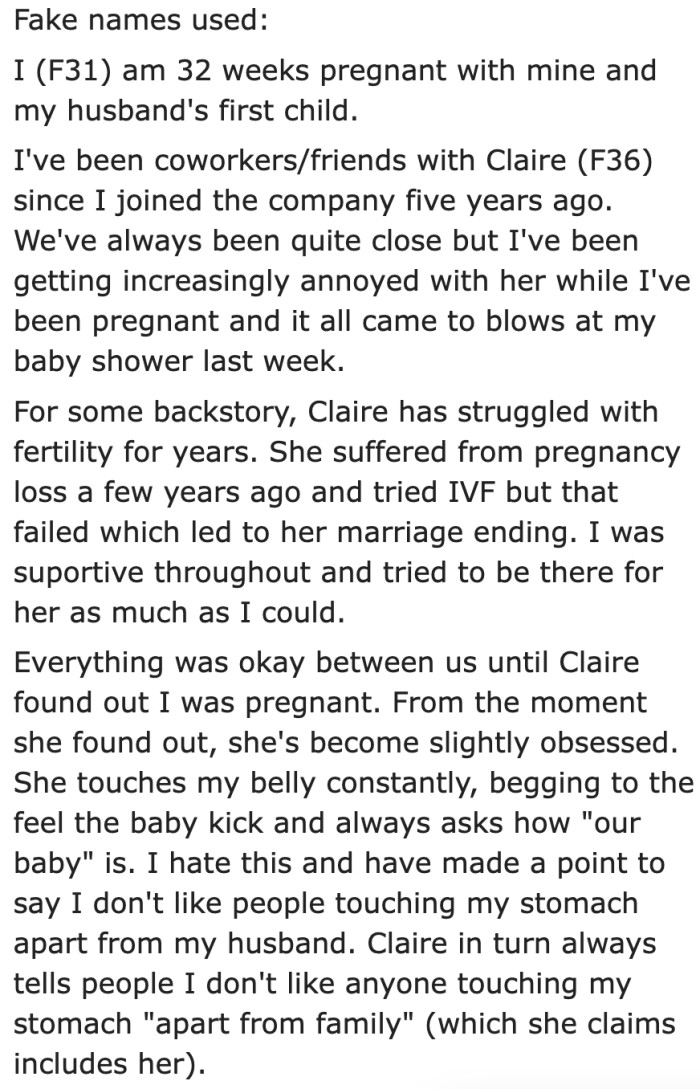 The coworker touches her stomach even after making it clear that she only allows her husband to do so.