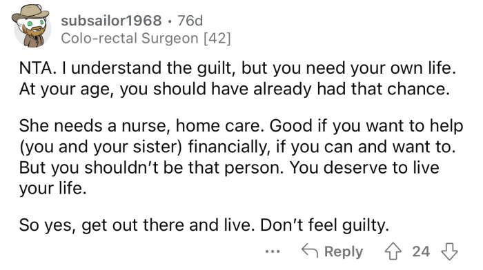 Op shouldn't let guilt stop her from having a life.