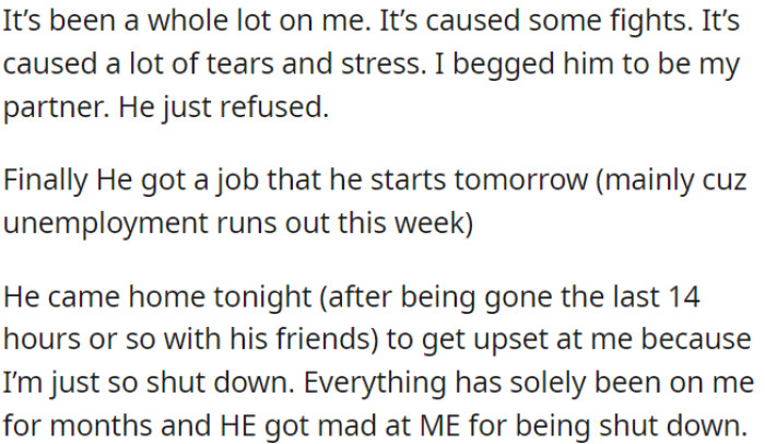 OP's husband finally got a new job, but he became upset with OP for feeling overwhelmed.