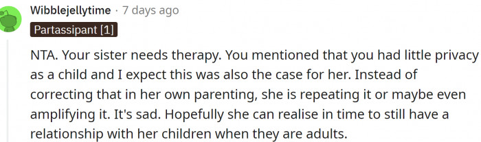 Both OP and her sister grew up with little privacy