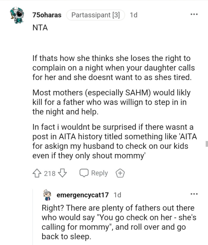 Most mothers would kill to have a father attend to his kid in the night