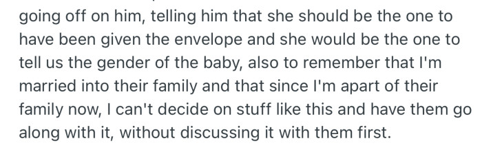 SIL went off on OP's fiancé's, telling him that she (SIL) should be the one to hold the envelope. SIL also stated that things like this should have been discussed with the family first before making a decision