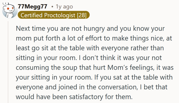 Turns out the real missing ingredient might have been her presence at the table, not the soup in the bowl.