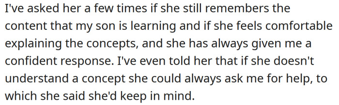 The OP is concerned that her MIL may not remember the content her son is learning.