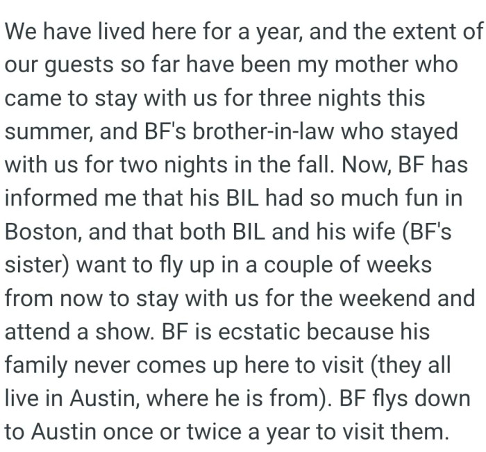 BIL and his wife want to fly up in a couple of weeks from now to stay with them for the weekend