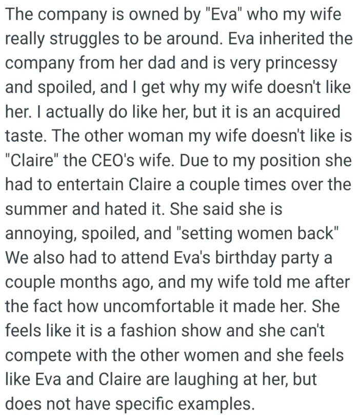 The OP's wife had to entertain Claire a couple times over the summer and hated it
