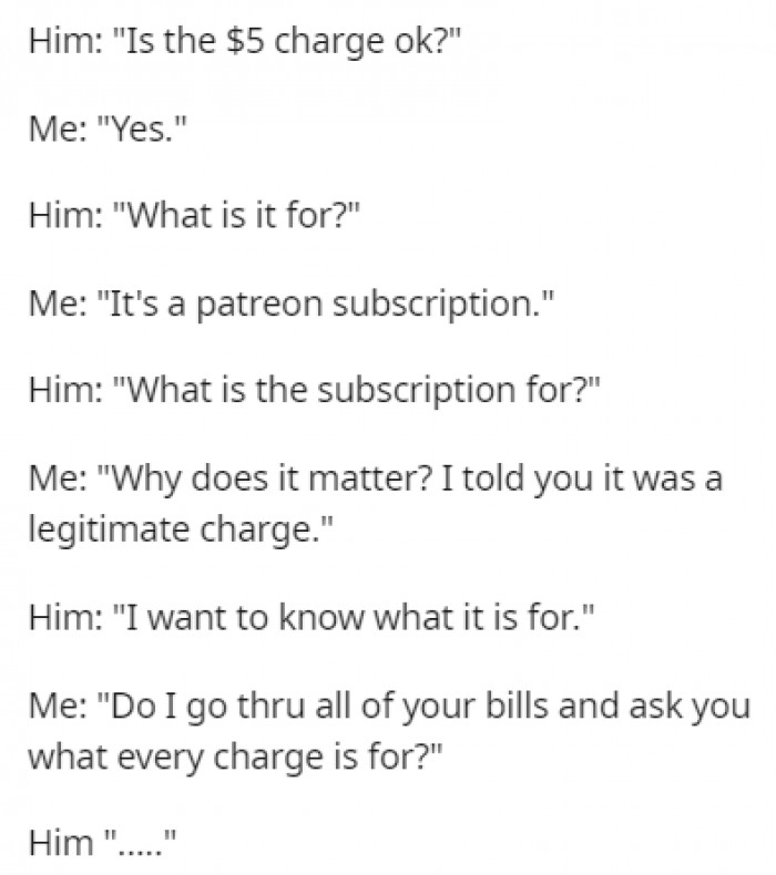 OP showed an example of a conversation she had with her husband over a $5 subscription