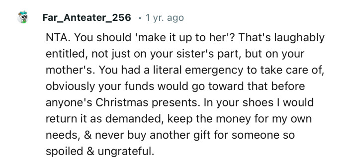 “NTA. You should 'make it up to her'? That's laughably entitled, not just on your sister's part, but on your mother's.”