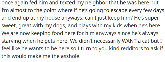 Considering keeping the cat permanently, OP asks if they would be an a-hole for 