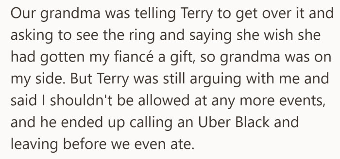 Support from grandma softened the moment, yet Terry ended the night by arguing and leaving in an Uber Black.