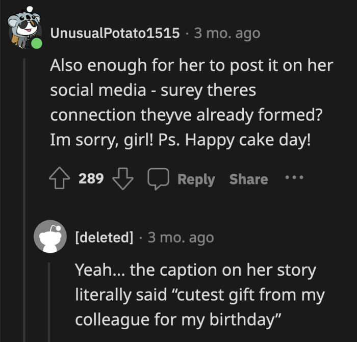 If she's posting it on social media, then they definitely have a closer relationship than OP was led to believe.